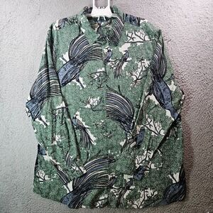 NWOT Perry Ellis Button Shirt Men 3X Long Sleeve Viscose Bird Forest Green‎ Gray